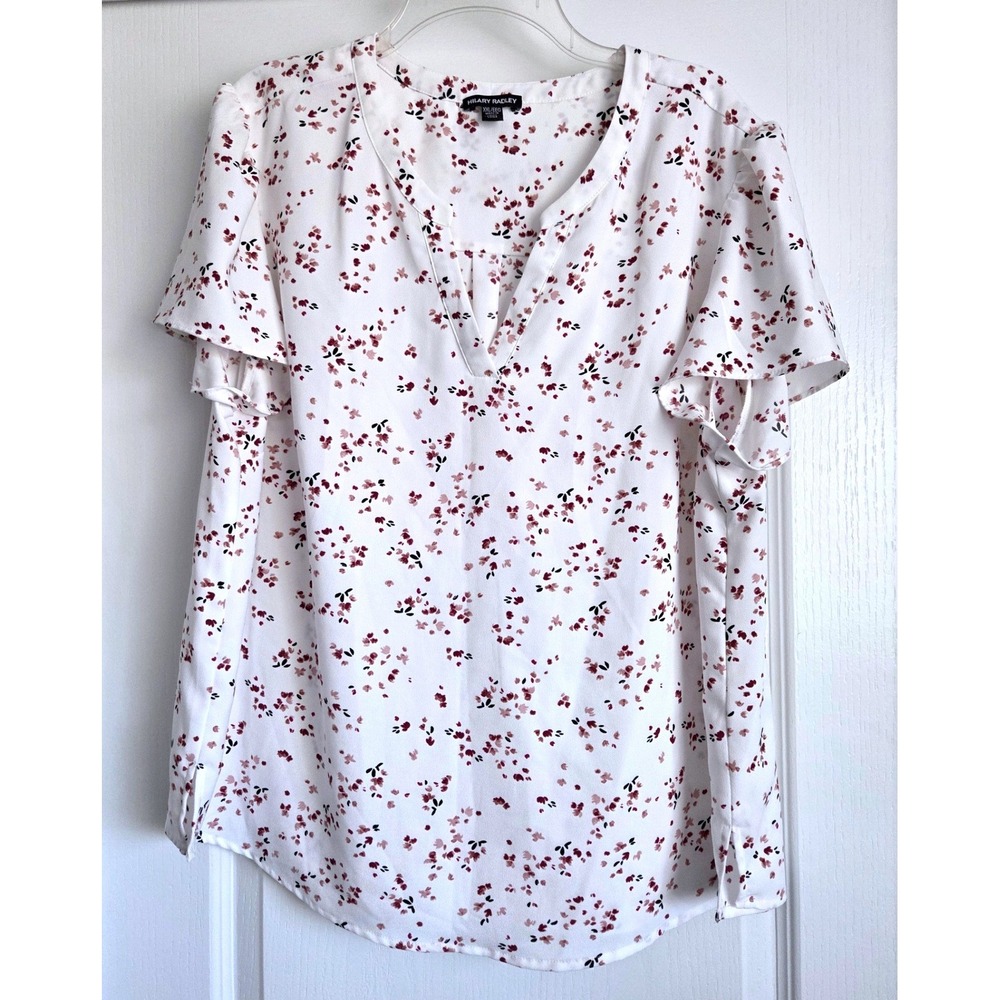Hilary Radley White Red Floral Vneck Flutter Sleeve Blouse Top Sz XXL